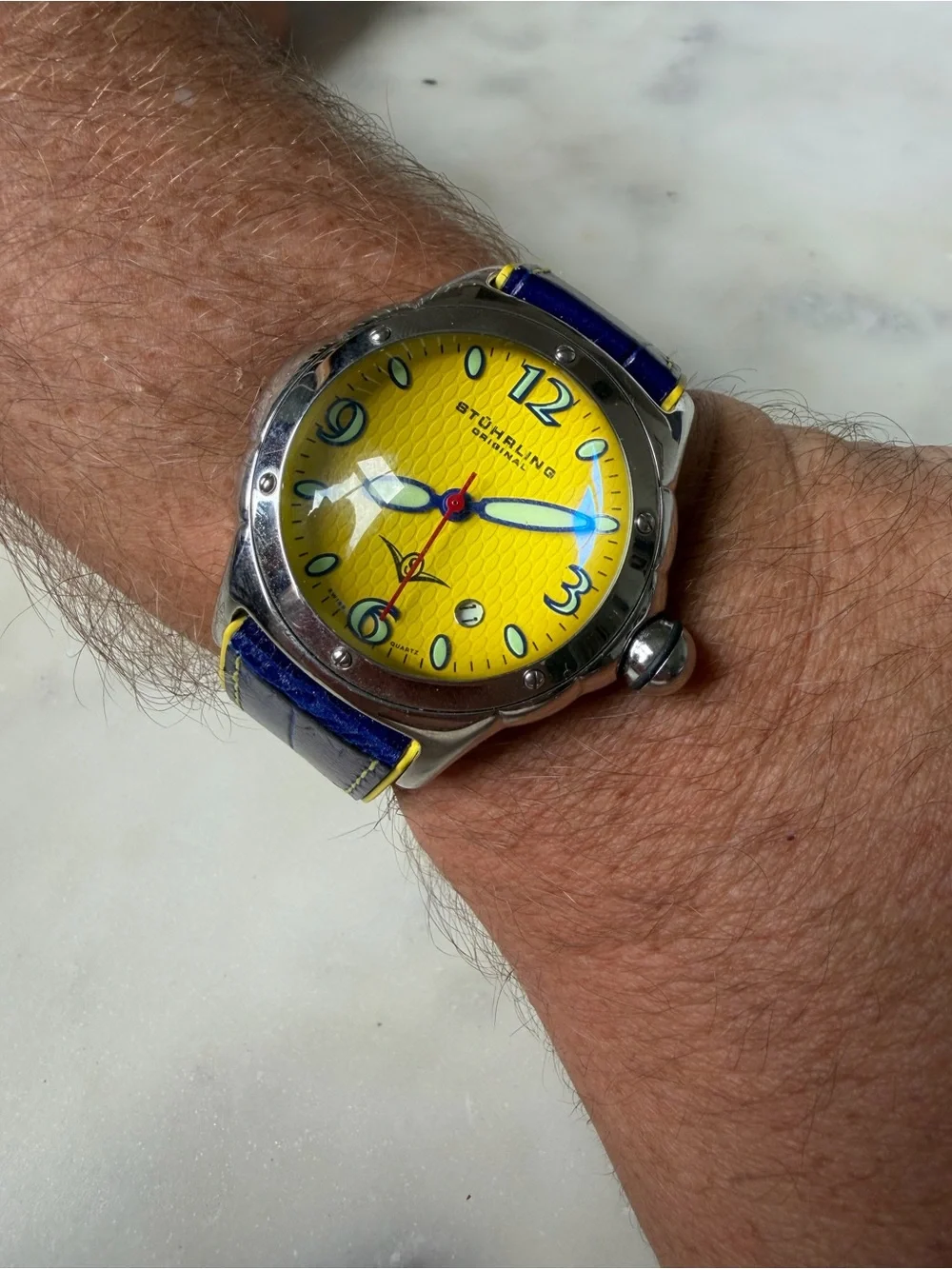 Men’s Stuhrling Yellow Dial Blue Leather Strap Watch
